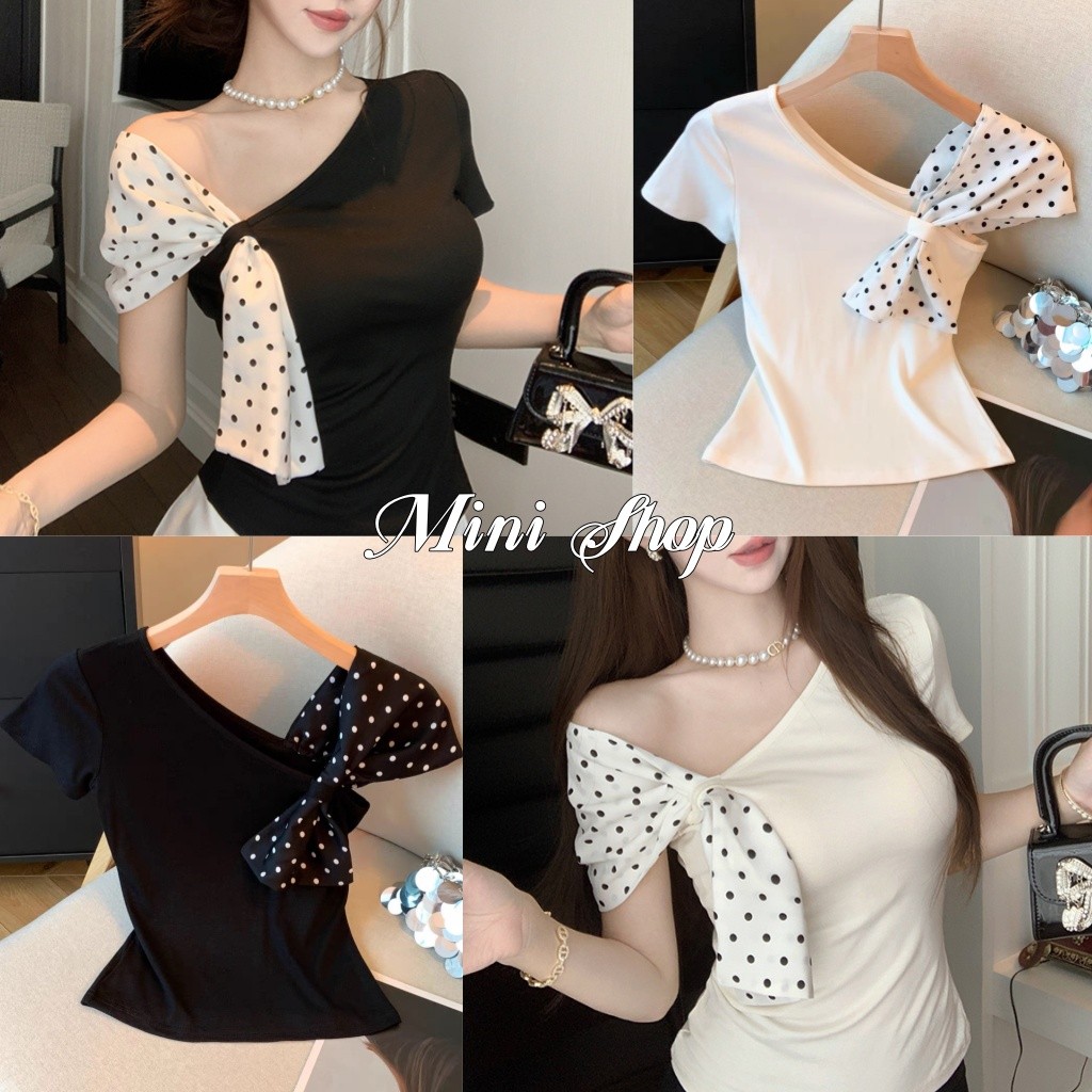 Mini shop🌸พร้อมส่ง🌸(12602) เสื้อยืดผ้าไหมพรมแขนสั้น ผู้หญิง แต่งลายจุดที่แขน ผ้านิ่ม เสื้อแฟชั่น