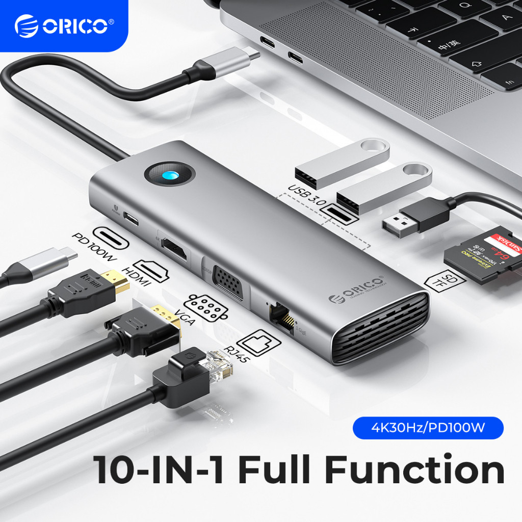 ORICO Docking Station Type C Hub 10 in 1 พร้อมอีเธอร์เน็ต 4K USB C ถึง HDMI VGA PD Power USB 3.0PW11