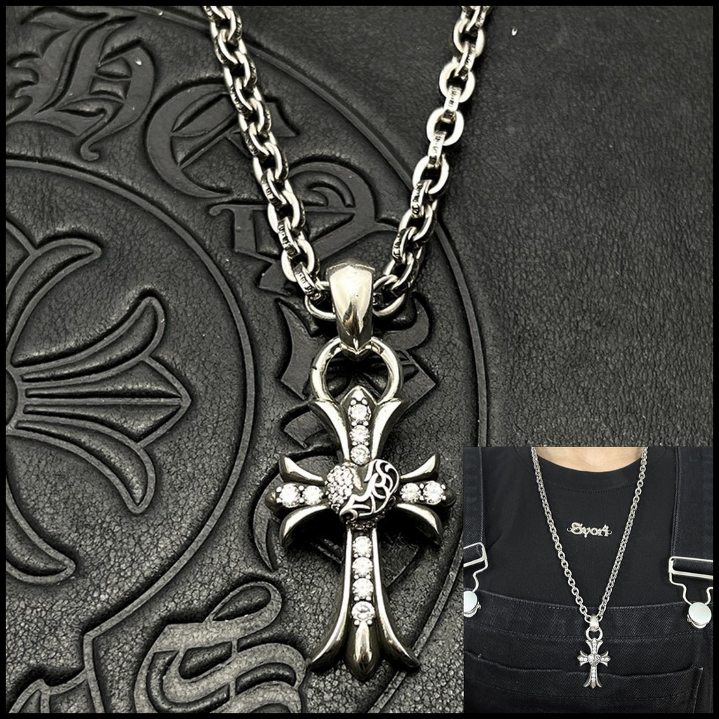 CH เงิน 925 Medium Peach Heart Diamond Cross สร้อยคอ Vintage Punk Gothic Rock คู่เครื่องประดับของขวัญวันวาเลนไทน์ 4005