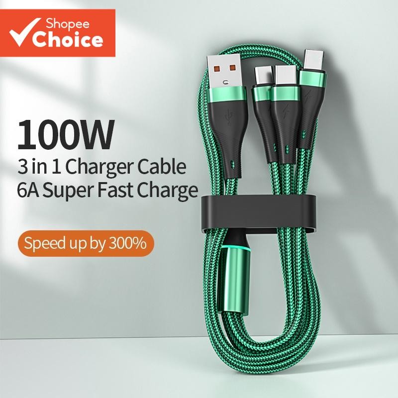 สายชาร์จ 100W Super Fast 6A 3 in 1 สายชาร์จ Micro Usb Type-C สําหรับ iP Cable