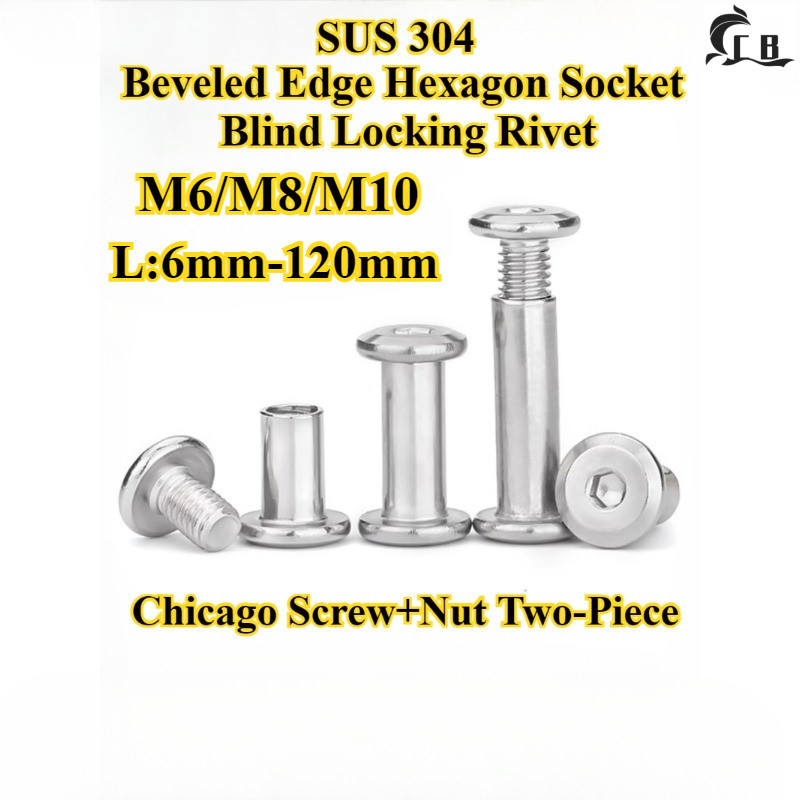 [CB-MD] SUS304, Chicago Screw+Nut สองชิ้น, Beveled Edge Hexagon Socket Locking Rivet, M6/M8/M10, ชาย