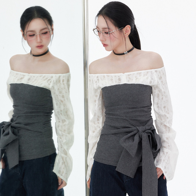inChoose เสื้อเชิ้ตผ้าลูกไม้เปิดไหล่