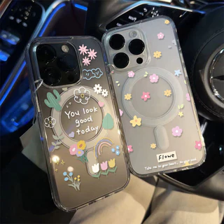 สำหรับ iPhone 17 16 PROMAXเคส iPhone11 เสริมสร้างแม่เหล็กอะคริลิคใสกระดานแข็ง TPU กรอบนุ่มกันกระแทก ดอกไม้ iP14 13 12 15