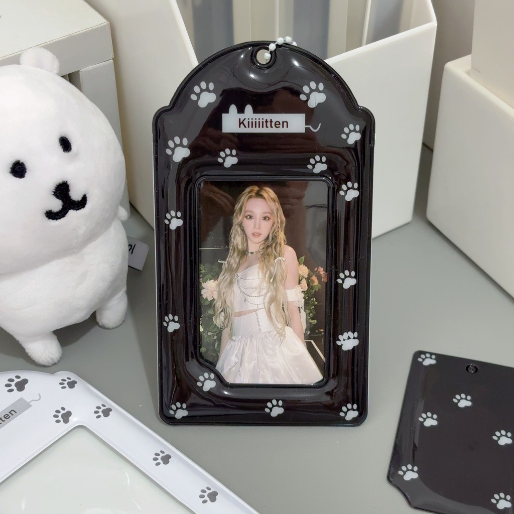 Simple สีดําสีขาว Series ผู้ถือบัตร Paw พิมพ์ Line Love Heart 10 ซม.PVC การ์ดขนาดเล็กจอแสดงผลป้องกันกรณีรถบัสการ์ดอาหารจี้