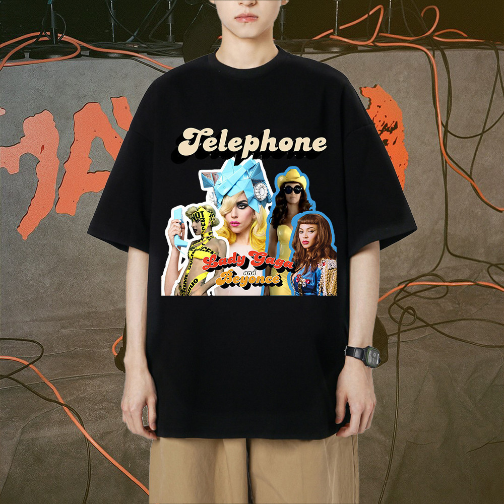 เสื้อยืด Lady gaga และ Beyonce โทรศัพท์ เสื้อยืดคอกลมผ้าฝ้าย ผ้าCotton Men's T-Shirt