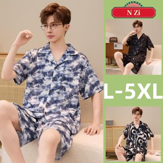 L-5XL ชุดนอนขนาดบวกผู้ชาย ชุดฤดูร้อนแขนสั้น ผ้าไหม หลวม สวมใ…