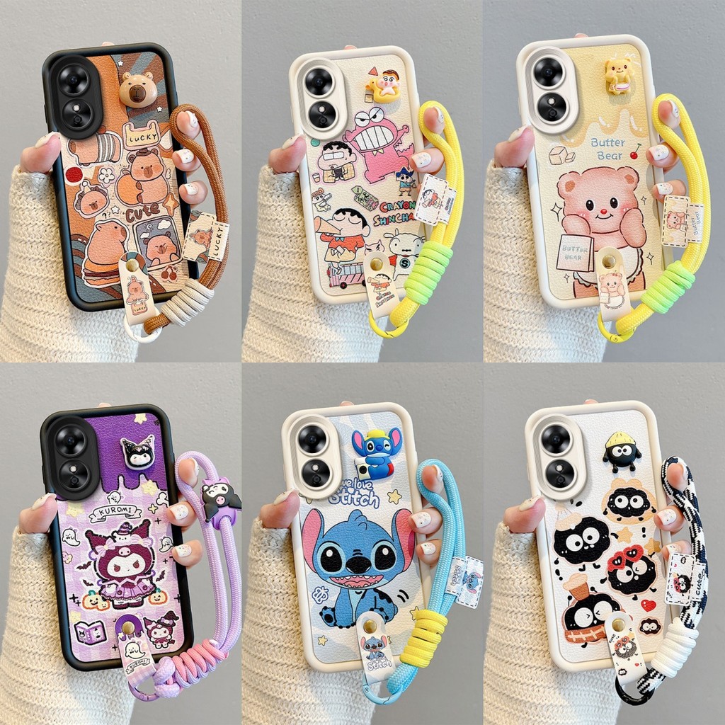 เคส OPPO A78 A58 A38 A18 หนังการ์ตูนปักหมุดเชือกโทรศัพท์กรณี