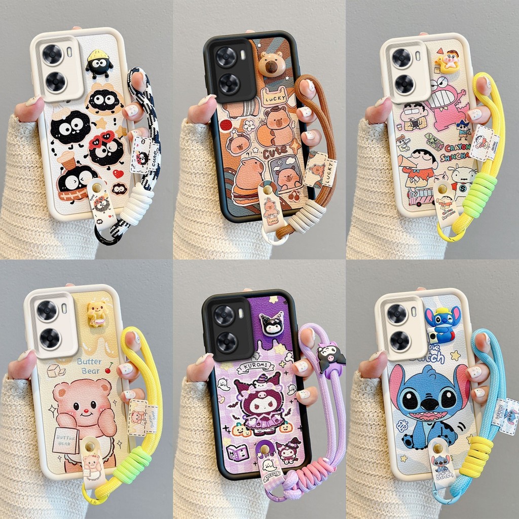 เคส OPPO A57 A77 A77S หนังการ์ตูนปักหมุดเชือกโทรศัพท์กรณี