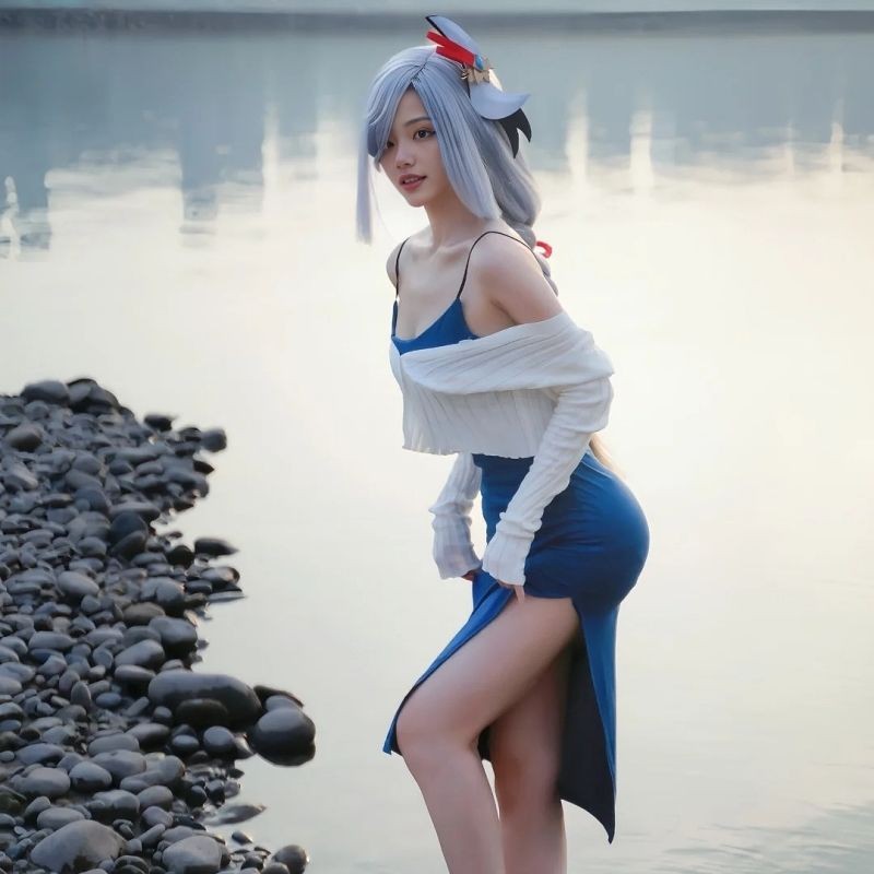 Yuanshen Shenhe Cosplay ชุดกระโปรงสลิงยาวพร้อมคาร์ดิแกนสำหรับผู้หญิง