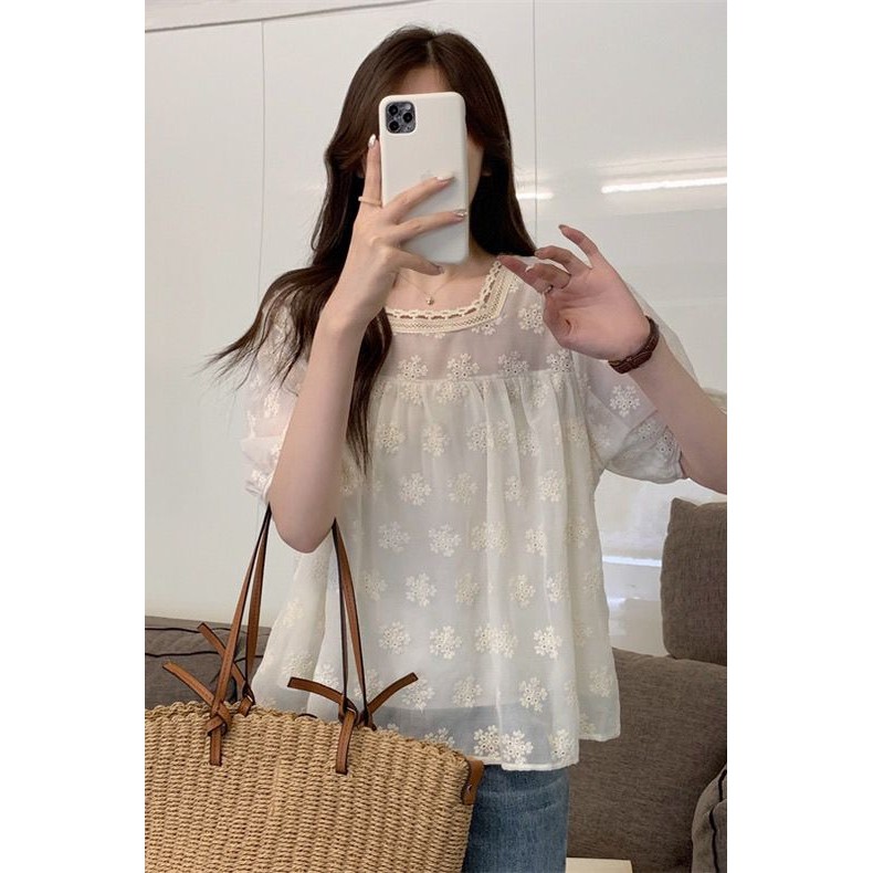 เสื้อเชิ้ตแขนสั้นคอเหลี่ยมปักลูกไม้สวยดีไซน์ฝรั่งเศส Niche Top ผู้หญิง Wwi6 6.18