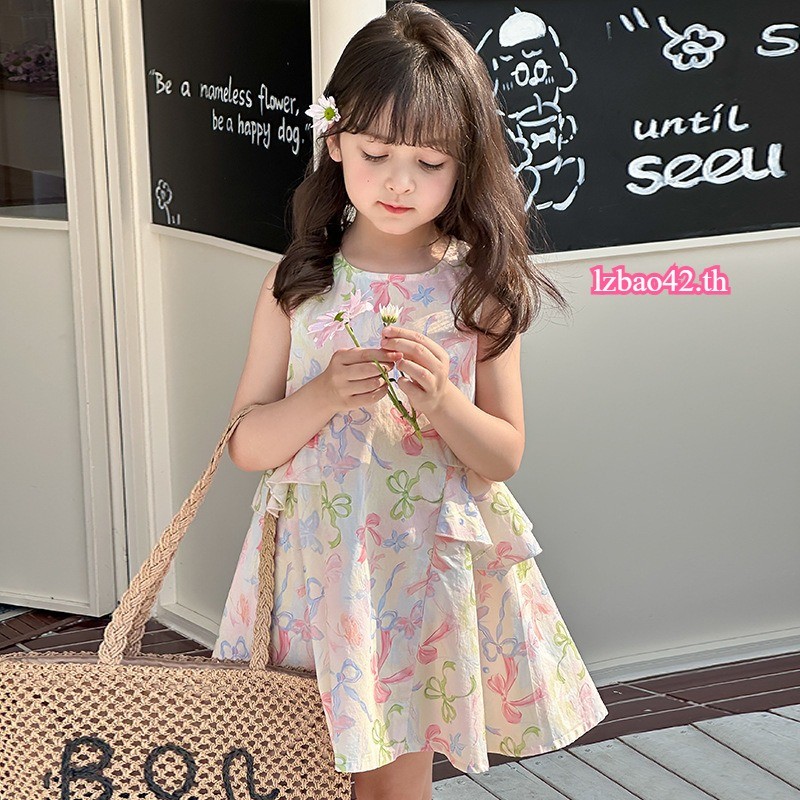 ชุดเดรสสาว ลายดอกไม้หัก โบว์ 2025 ฤดูร้อนใหม่ แขนกุด เรียบง่ายและหวาน กระโปรงเสื้อกั๊ก A-word