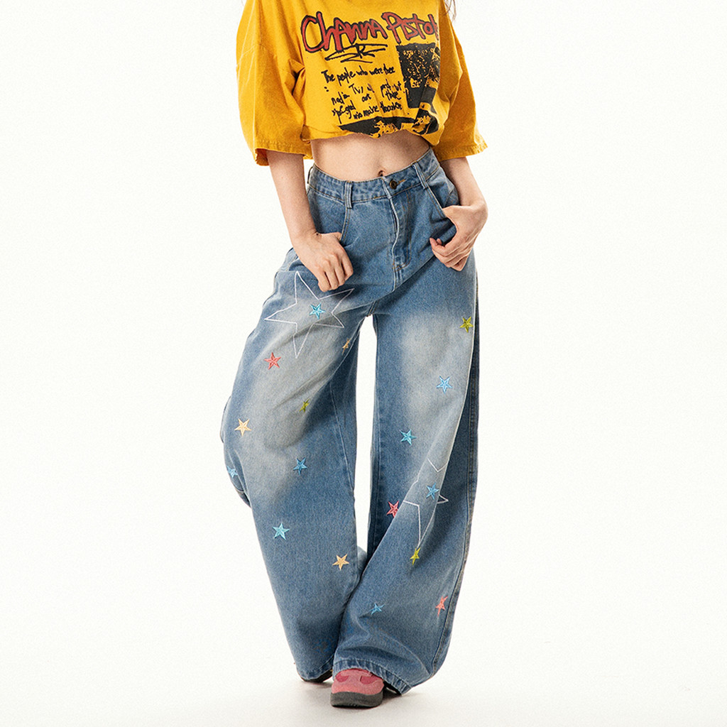 SUIKONE ซุยโคเนะ อเมริกันย้อนยุคเย็บปักถักร้อยหลวมขากว้างทุกข์กางเกงยีนส์สําหรับฤดูร้อนผู้ชายและผู้หญิง - รูปที่ 3