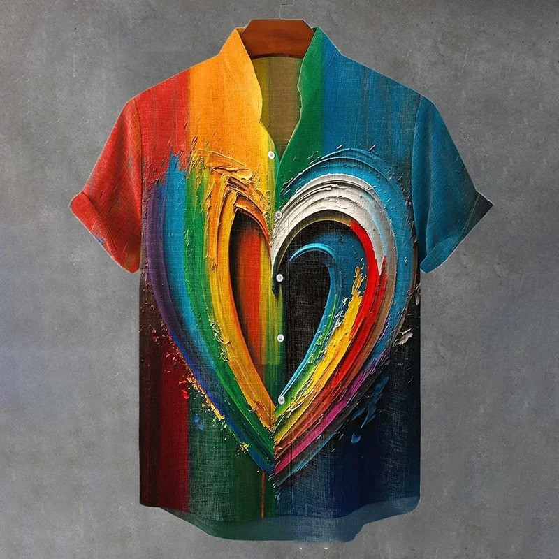 ชายเสื้อเชิ้ตแขนสั้นคอปกตั้ง สบาย ผ้าลินินแบมบู ลายศิลปะนกกระเรียน เสื้อฮาวายชาย เสื้อหลวมสบาย