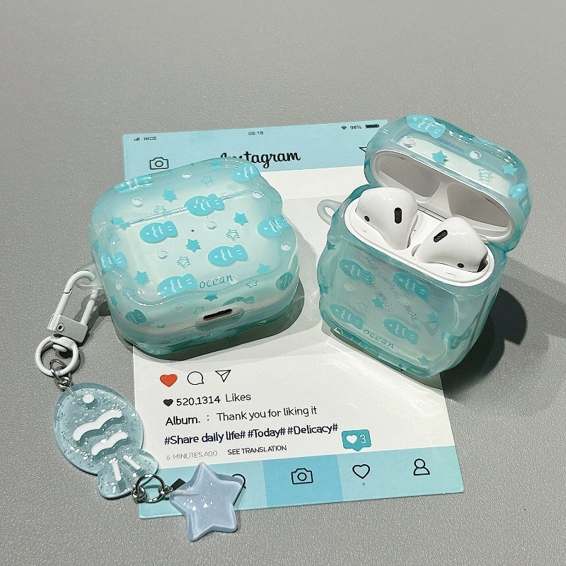 INS น่ารัก Ocean Fish Star จี้สําหรับ AirPods 1 2 3 4 Pro AirPod Pro2 สีฟ้าหยักซิลิโคน Funda หูฟังไร้สายฝาครอบป้องกัน