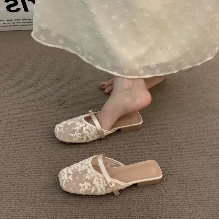 ลูกไม้ผู้หญิงรองเท้าส้นแบนหัวกลมพื้นนิ่มยางแบบสวม