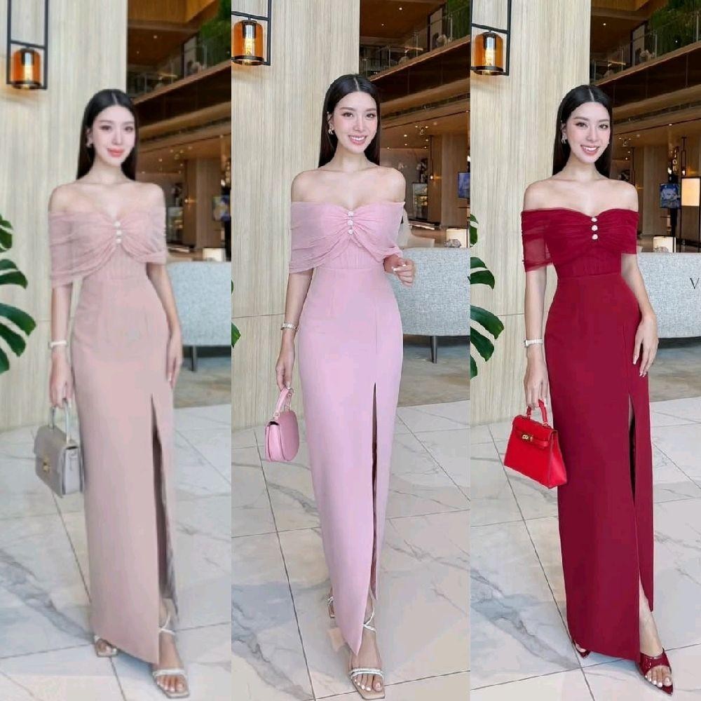 Hiso.closet (พร้อมส่ง) vigor23 24 เดรสยาวปาดไหล่มุ้งออกงานสวยหรู สวยหรู ดูดี