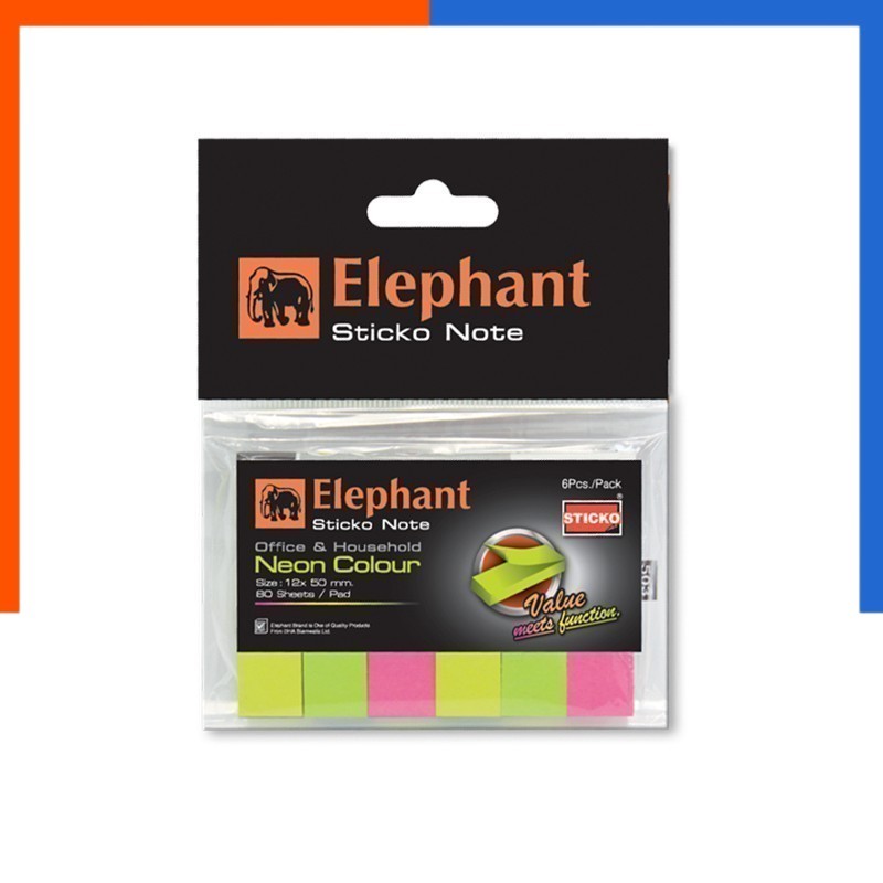 กระดาษโน๊ต 5 สี ตราช้าง Elephant ขนาด 12x50 มม. 80 แผ่น กระดาษโน๊ตกาวในตัว อินเด็ก สีสด นีออน แถบสี คั่นหน้า US.Station