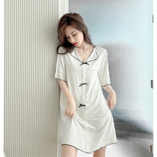 ชุดนอนขนาดใหญ่ผู้หญิงฤดูร้อนโบว์แขนสั้น Nightdress หลวมสบาย