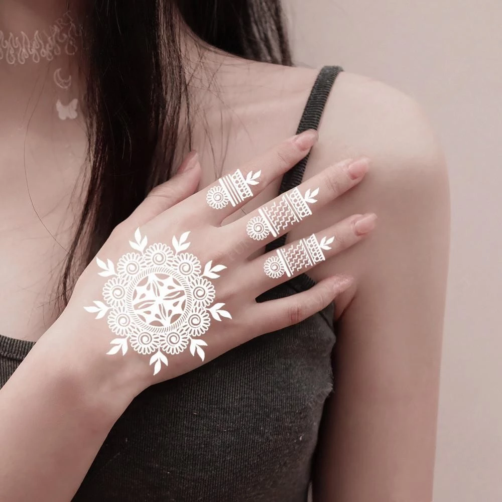 เฮนน่าสีน้ําตาลขาวเฮนน่าชั่วคราวสติกเกอร์มือและเท้ากันน้ํา ศิลปะการแต่งกายเหมาะสําหรับงานแต่งงาน thumbnail 5