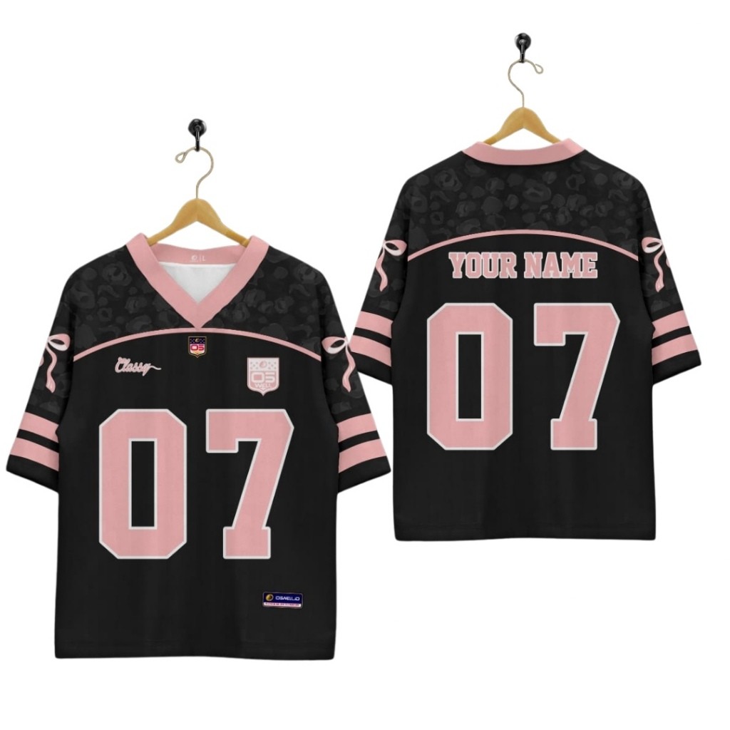 JERSEY RUGBY HOCKEY COQUETTE สีดําสีชมพูฟรีชื่อและหมายเลขบนกลับพิมพ์เต็มรูปแบบ