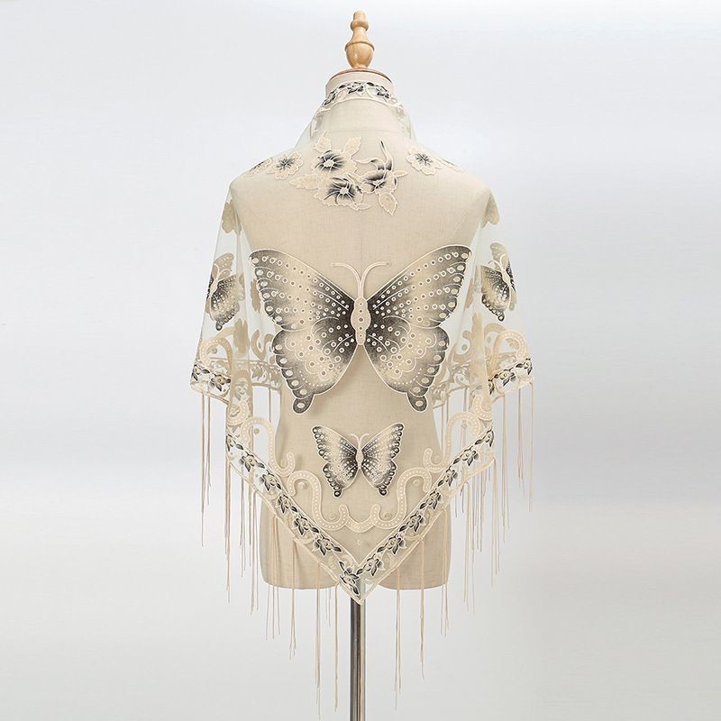 New tassel triangle scarf solid color hollow lace butterfly embroidery triangle shawl scarf for wome