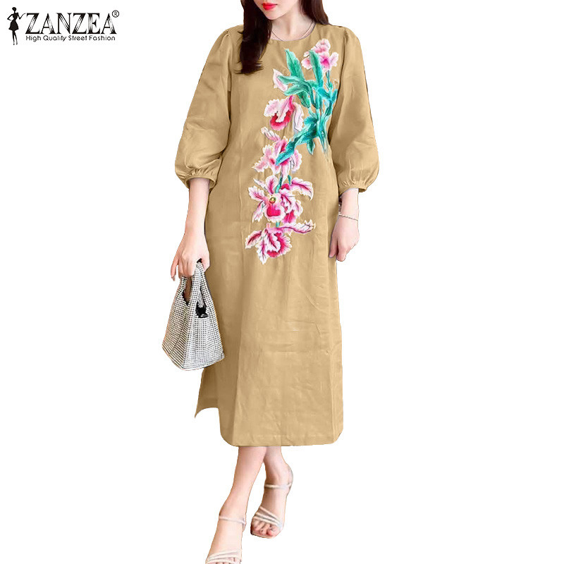ZANZEA ผู้หญิงเกาหลี Ladylike สタイルลูกเรือคอ 3/4 แขนโคมไฟพิมพ์ลายดอกไม้ Midi Dress - รูปที่ 4