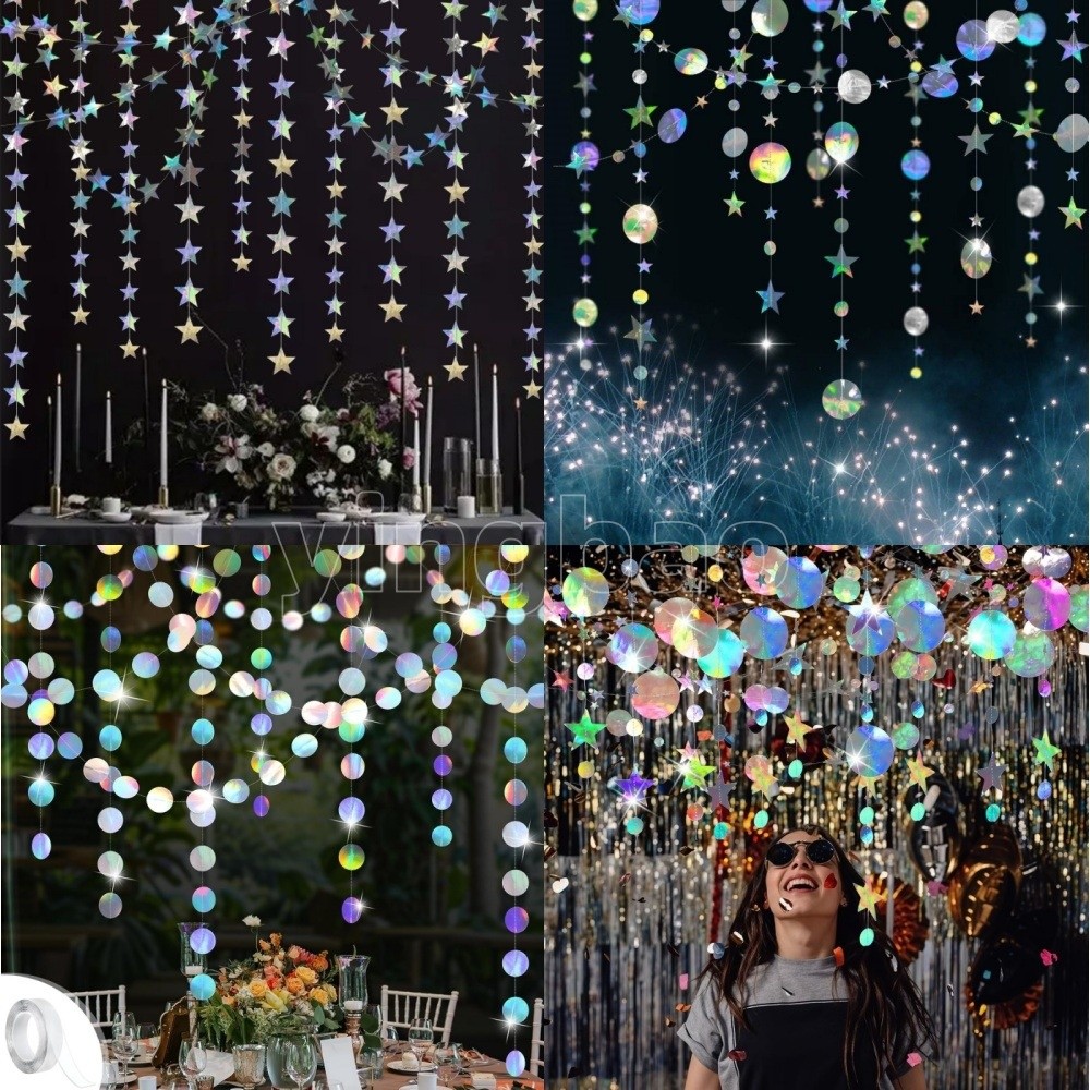 4M Iridescent Party ตกแต่ง, Holographic วงกลม Iridescent Star Garland ตกแต่ง,แขวนดาวแบนเนอร์สําหรับวันเกิดงานแต่งงาน Disco Xmas Ballast