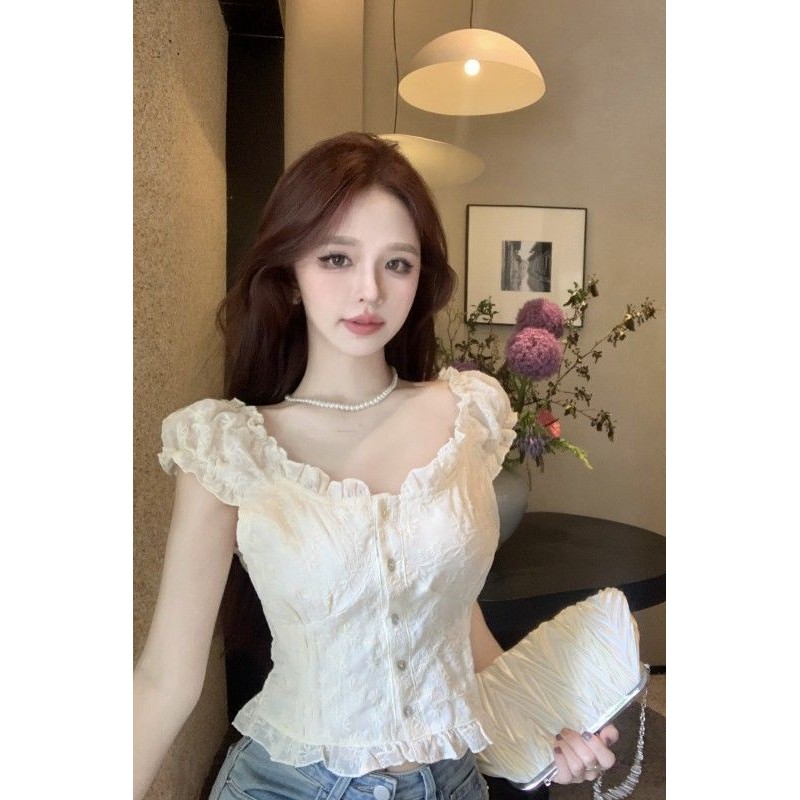 2025 ผู้หญิงพัฟแขนภาษาฝรั่งเศสคําด้านบนเสื้อชีฟองอารมณ์สั้นหวานเสื้อแขนสั้น wiwi6 6.18