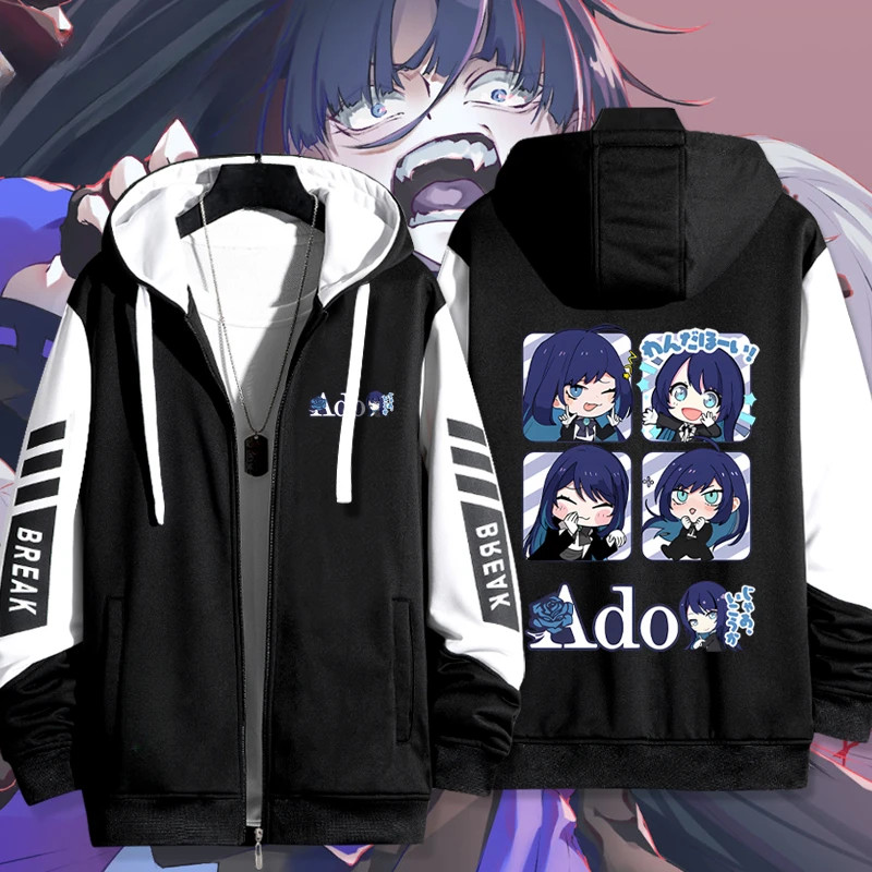 นักร้อง ado พิมพ์การ์ตูน.Zip Up Hoodie สำหรับทั้งผู้หญิงและผู้ชาระยุค Harajuku สตรีทวェアHip Hop กันหนาว outerwear