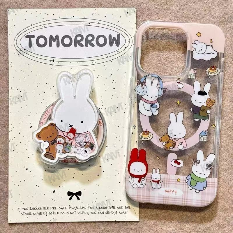 [Kam]ตลก Slippable Miffy กระต่ายหมีขาตั้งชาร์จไร้สายเคสโทรศัพท์คลุมทั้งหมดเคสป้องกันป้องกันการหล่นและรอยขีดข่วนเหมาะสําหรับ iPhone 16 15 14 13 12 Pro
