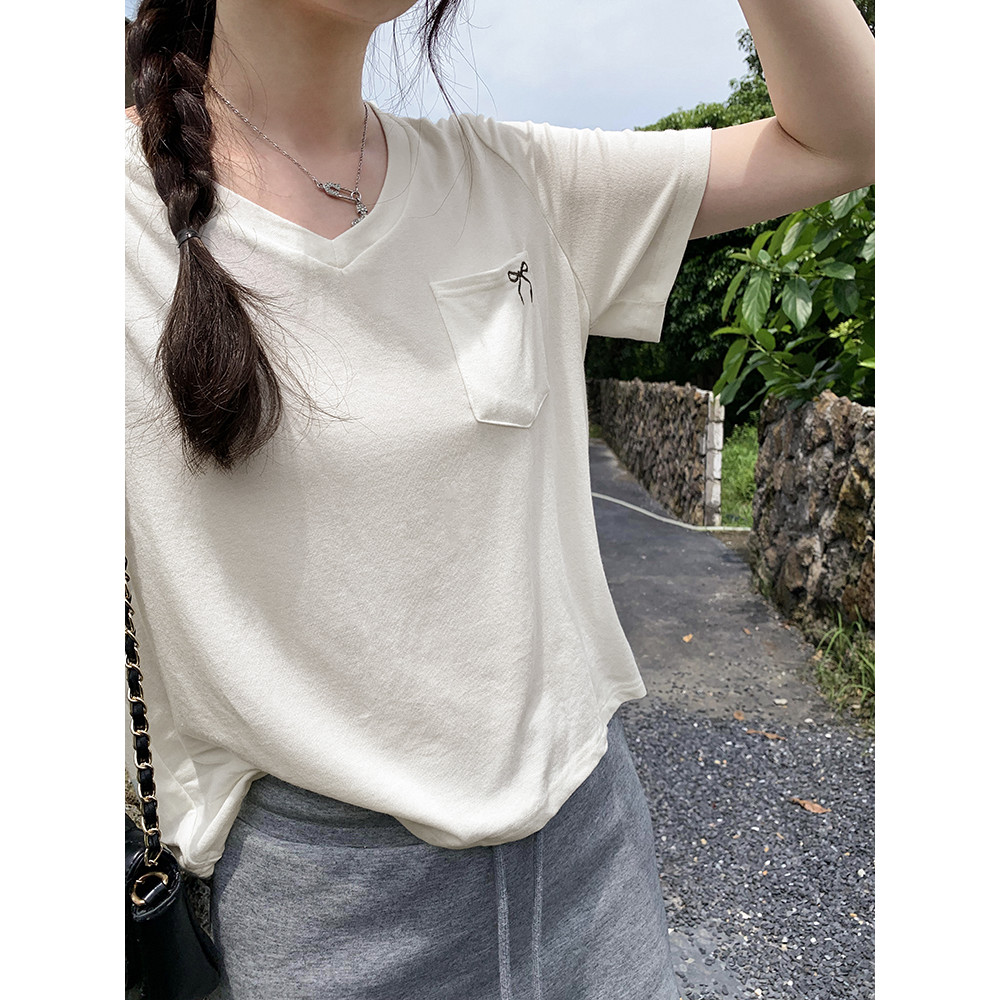 ฤดูร้อนใหม่เสื้อยืดแขนสั้นเรียบง่ายสีทึบของผู้หญิง 250620
