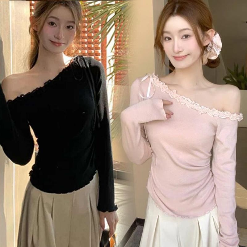 Mimi&Didi เสื้อเปิดไหล่แขนยาวไหมพรม เสื้อยืดถักลูกไม้เปิดไหล่สีชมพูสำหรับผู้หญิง ทันสมัยและสวยงาม ใส่เดี่ยวๆH060