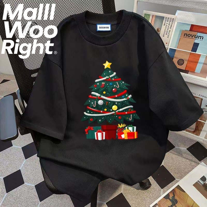 (จัดส่งตลอด 24 ชั่วโมง)Woo Right เสื้อยืดแขนสั้นแบบสบาย ๆ,การ์ตูนต้นคริสต์มาสพิมพ์,แฟชั่นบุรุษ
