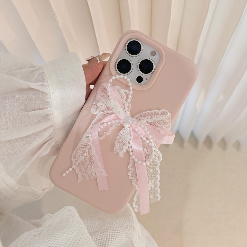 เคสโทรศัพท์สีชมพูโบว์ลูกไม้มุกสามมิติสําหรับ iPhone 11 12 13 14 15 16 Pro Max ปลอก ฝาหลังแบบนุ่มสําหรับเคส iPhone13Promax