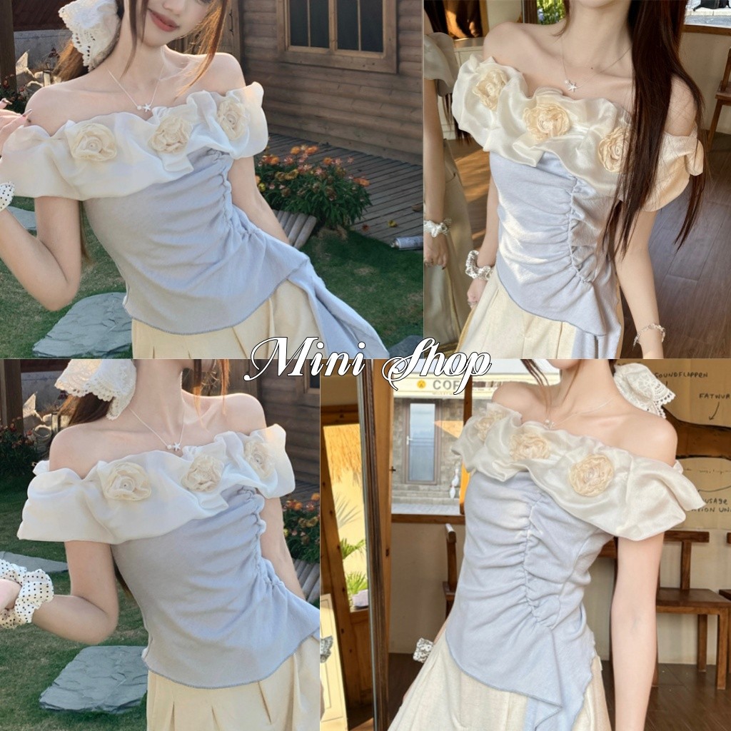 Mini shop🌸พร้อมส่ง🌸(56516)ใหม่ 2025 เสื้อไหมพรม ผู้หญิง เปิดไหล่แขนสั้น สีฟ้าพาสเทล