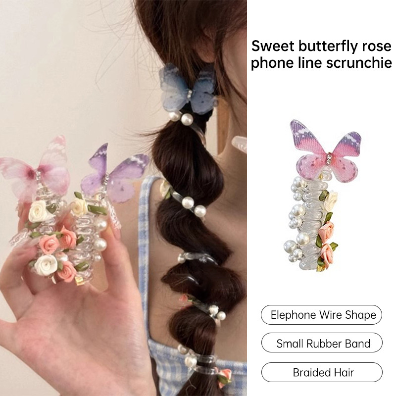 เชือกคาดผมรูปดอกกุหลาบผีเสื้อแสนหวาน เชือกคาดผมหางม้า ผ้าโพกศีรษะเด็กผู้หญิง