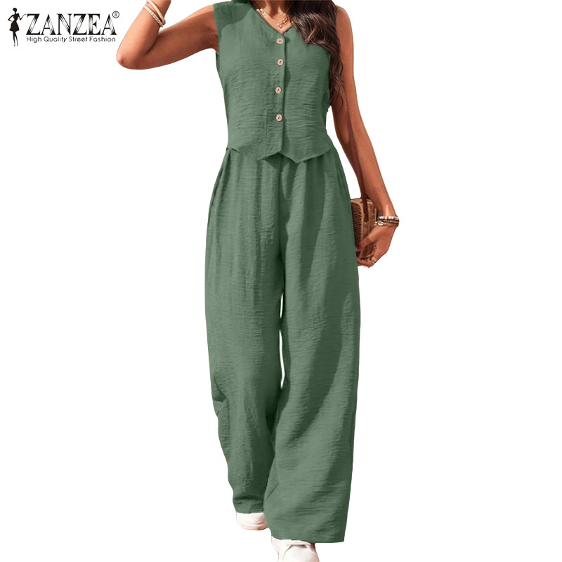 ZANZEA ซานเซีย เสื้อเบลาส์คอวีแขนกุดทรงหลวมแข็งแฟชั่นสตรี + ชุดกางเกงขากว้าง