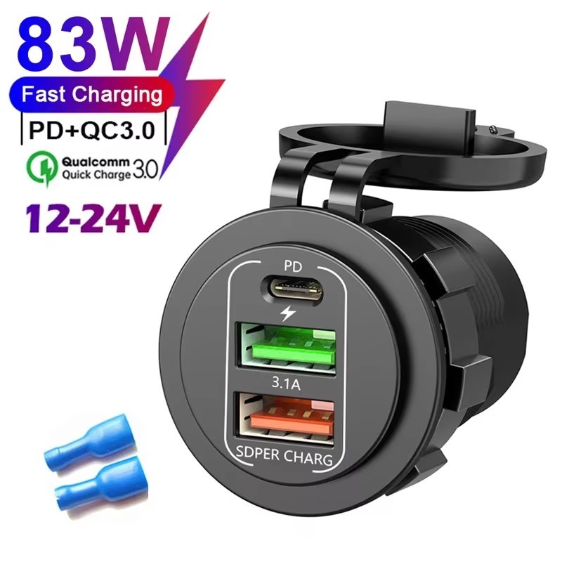 83W Max ชาร์จโทรศัพท์ซ็อกเก็ต 45W PD + QC3.0 Fast Charging 22.5W Dual USB + Type C Outlet 3 พอร์ตอะแดปเตอร์กันน้ํา 12 V-24 V - รูปที่ 7