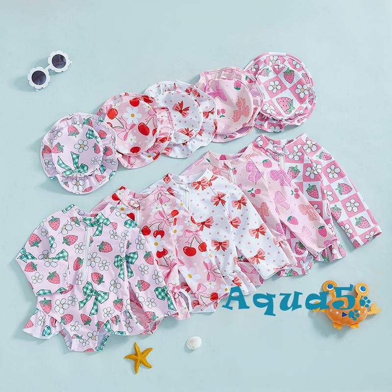 AQQ-Toddler Girls Rash Guard ชุดว่ายน้ําหมวก 2 ชิ้นชุดโบว์รูปแบบ Zip Up แขนยาวลูกเรือคอเด็กทารกชุดว่ายน้ํา