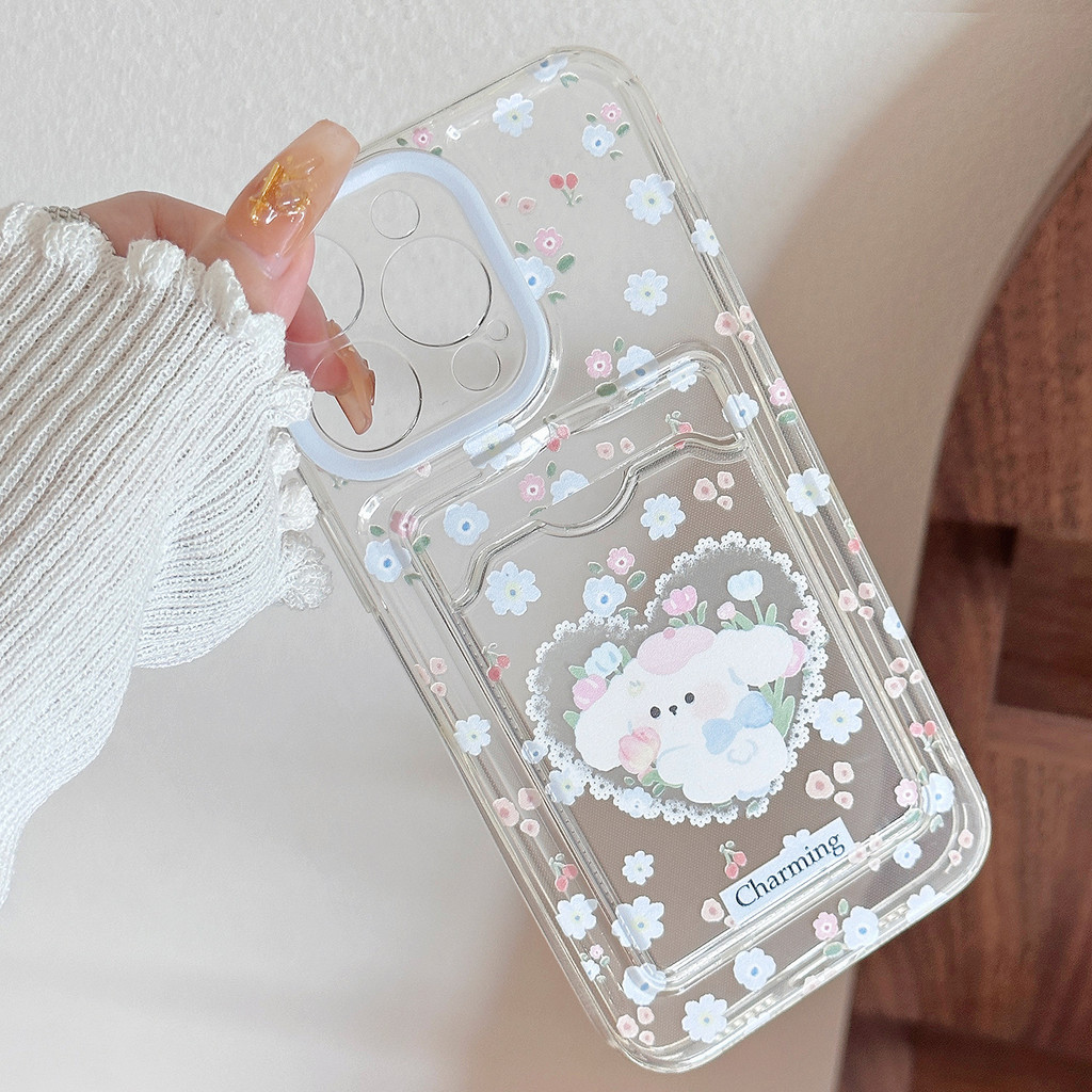 โปร่งใสและดอกไม้สดและลูกสุนัขกรณีการ์ดทําจาก TPU สําหรับ apple iphone 11 12 13 14 15 16 pro max plus x xr xs max 7 8 plus se2020 - รูปที่ 2