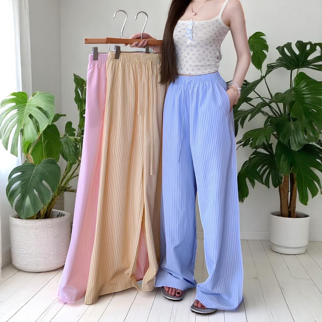 กางเกงขายาวแฟชั่น (ตระกร้านี้สำหรับลูกค้าที่สูงไม่เกิน 160 cm.) กางเกงลำลองขายาว ลายทาง เอวยางยืด พร้อมส่ง สาวอวบใส่ได้