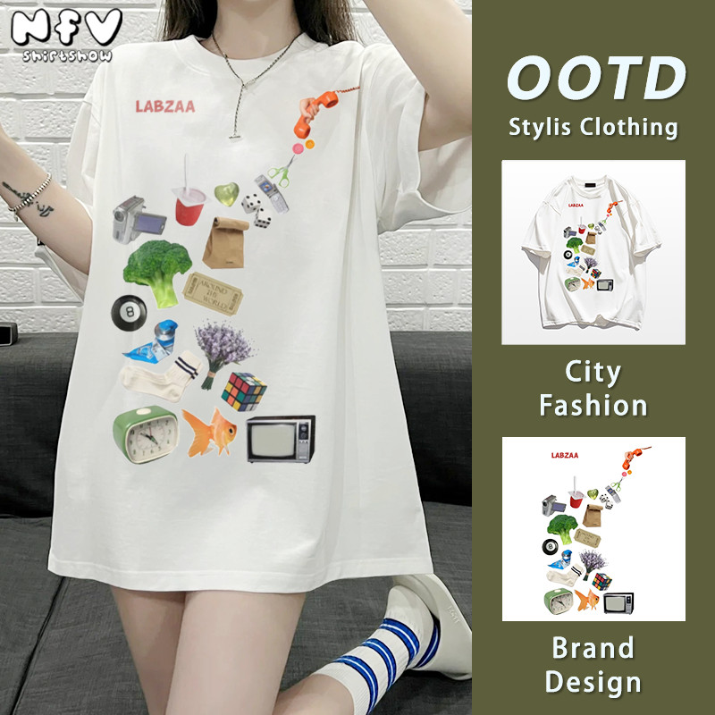 NFV เสื้อยืดคอกลมแขนสั้น🎀ลายพิมพ์แฟชั่น แฟชั่นสไตล์เกาหลี oversize ผ้านิ่ม ใส่สบาย สาวอวบ 100% Cotto