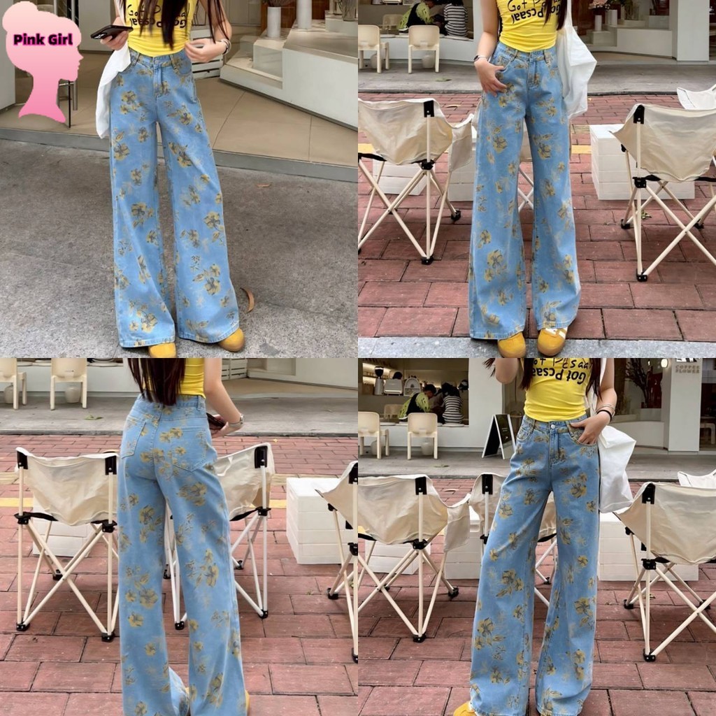 💋Pink girl💋​พร้อมส่ง กางเกงยีนส์ ขายาว  สไตล์เกาหลี เอวสูง ดีเทลแต่งลายดอกไม้ ' NZ6622