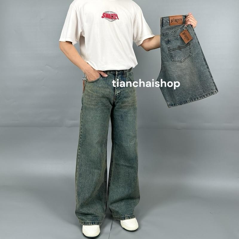 Hirock งานฟอกสนิม กางเกงขายาวทรงกระบอก กางเกงขาสั้น แถมป้ายห้อยและตะขอ