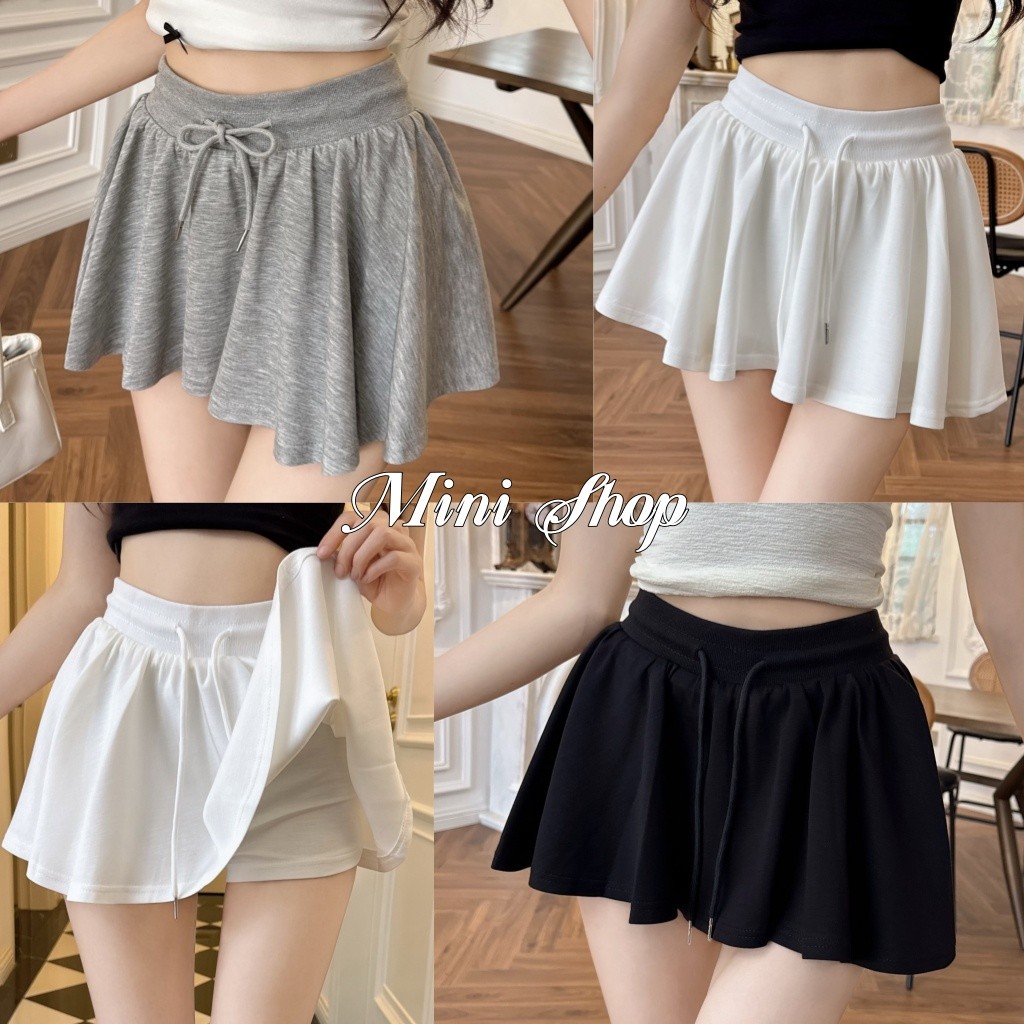 Mini shop🌸พร้อมส่ง🌸(FY2871) กระโปรงขาสั้น สีพื้น เอวสม๊อคยืด ปลายปล่อยสีพื้น สไตล์ลำลอง