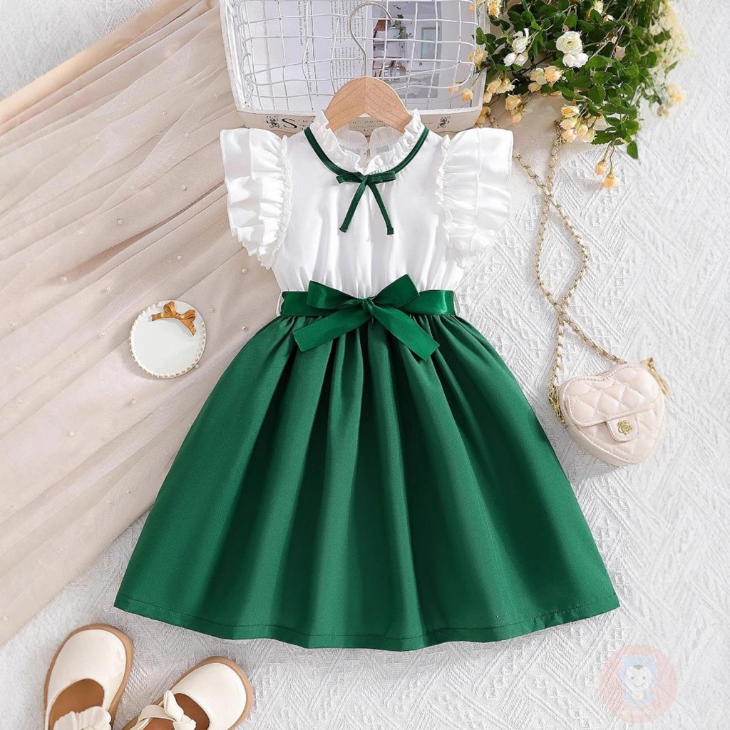 LAA6-Kids Girls Patchwork Ruffles Fly Sleeve ชุดเดรสฤดูร้อนลําลองพร้อมเข็มขัด
