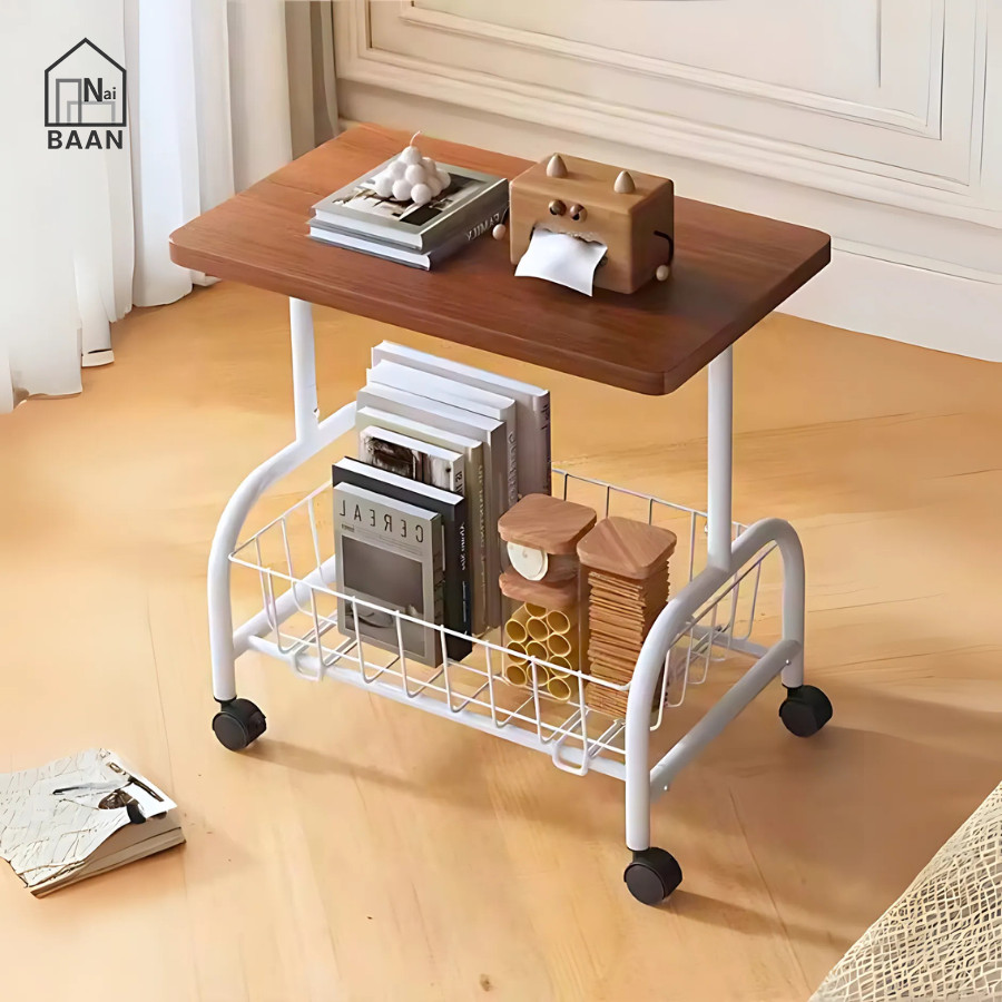 Naibaan โต๊ะ โต๊ะข้างเตียง พร้อม ล้อเลื่อน ตะกร้า ขนาดท็อป 43 x 31 ซม. สีขาว/น้ำตาล โต๊ะข้างโซฟา