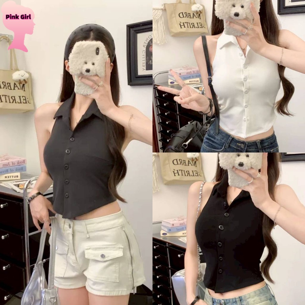 💋Pink girl💋​พร้อมส่ง เสื้อกล้าม มีฟองน้ำ ทรงครอปสั้น สีพื้น คอกล้ามแขนกุด' FY5529