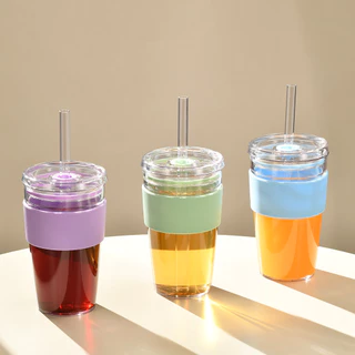 2026 New Tritan 450ml แก้วดูดใสกว่ากระจก ปลอดBPA แถมปลอก+แปรง หลายสี มีฝาปิด