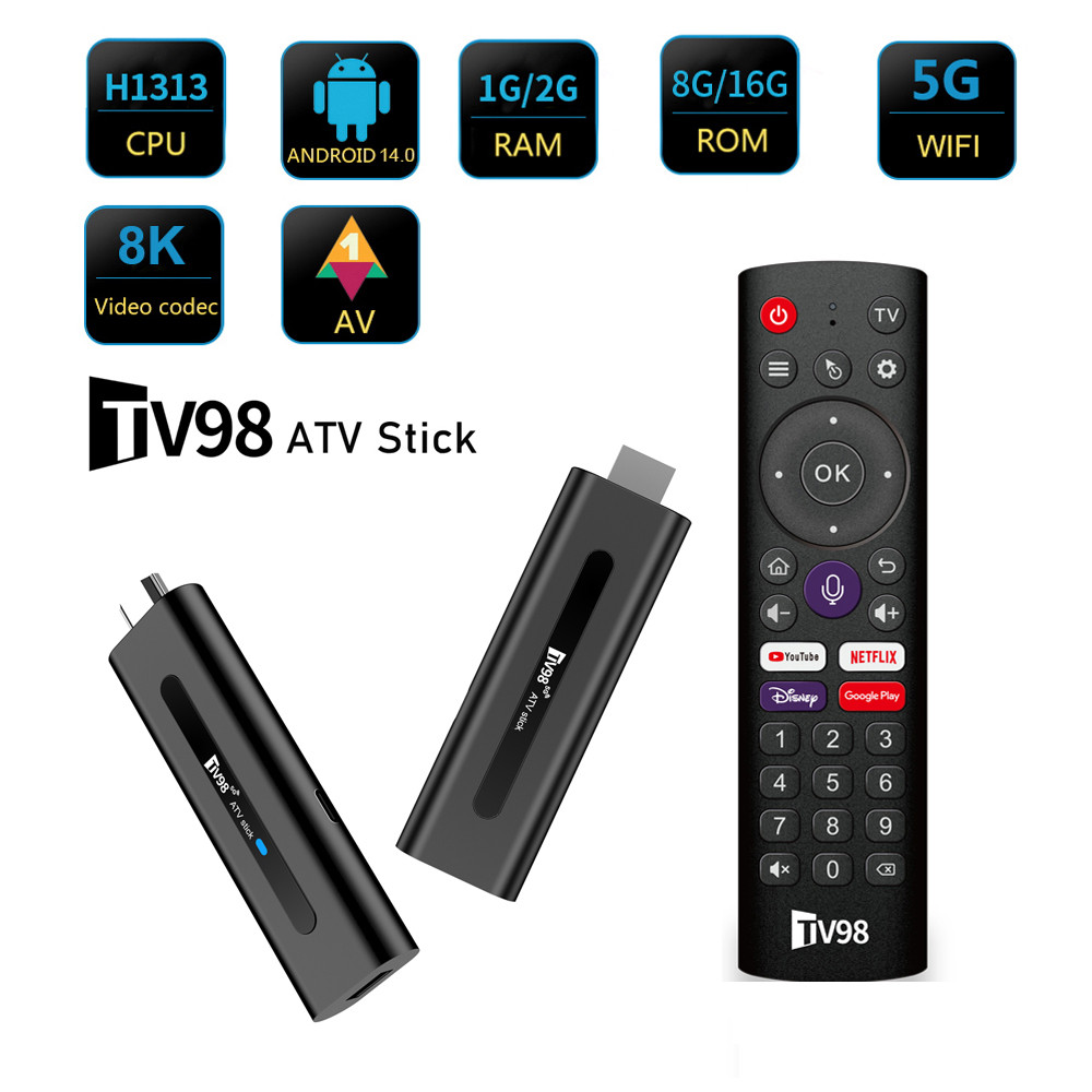 TV98 ATV stick 8K สมาร์ททีวี stick รองรับ Android 14 วิดีโอ 4K BT5.0 WiFi 6 Allwinner H313 Quad Core